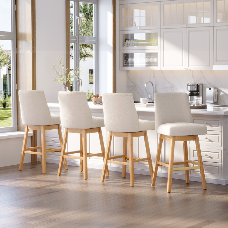 Eriqa Swivel 30.6'' Bar Stool, White, White Boucle Fabric