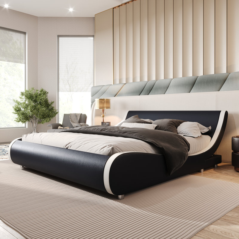 Low Profile Sleigh Bed With Adjustable Headboard, Full, Black/White