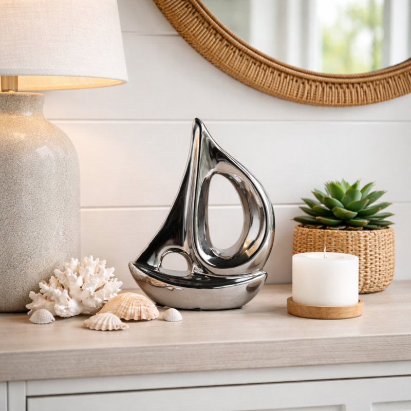 Decorative Ceramic Sailboat Sculpture with Glossy Finish for Home Decor - Coastal Object Accent for Office or Living Room Decoration