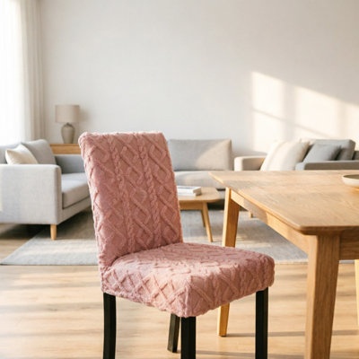 Pink Cotton Velvet Dining Chair Cover, Household Plush Elastic Stretch Chair Slipcover, 2‑Piece Set Soft Furniture Protector for Daily Home Use