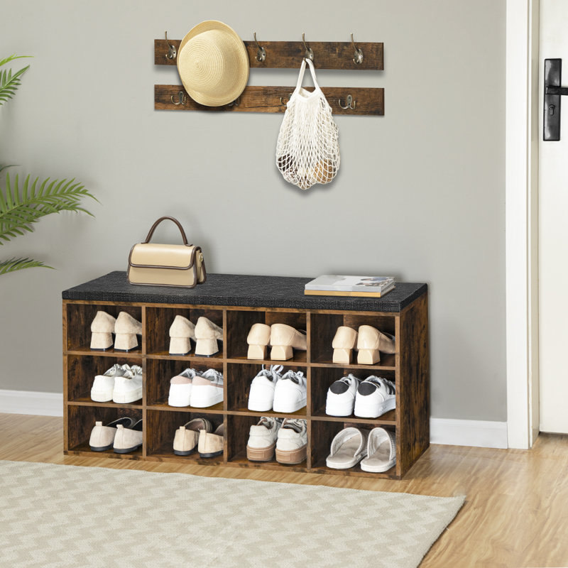Banc de rangement pour chaussures avec coussin, banc d'entrée de L 39,4 po avec 12 casiers, Brun / Noir
