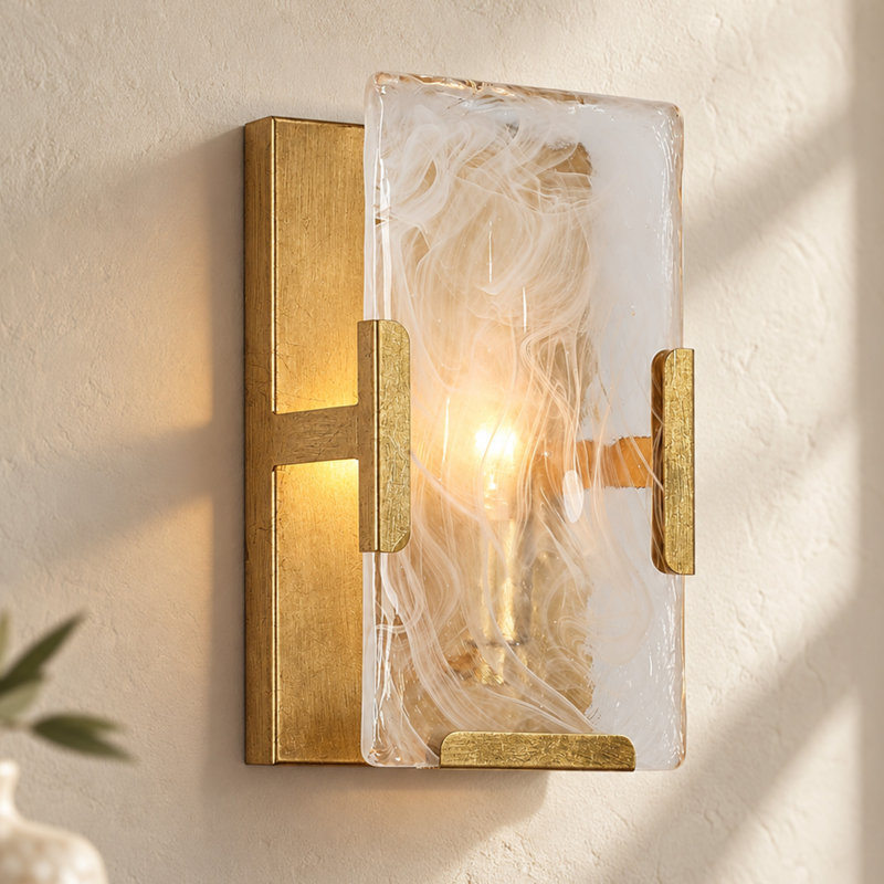 True 1-Light Dimmable Gold Rectangle Bathroom Vanity Light with Cloud Textured Glass Shade