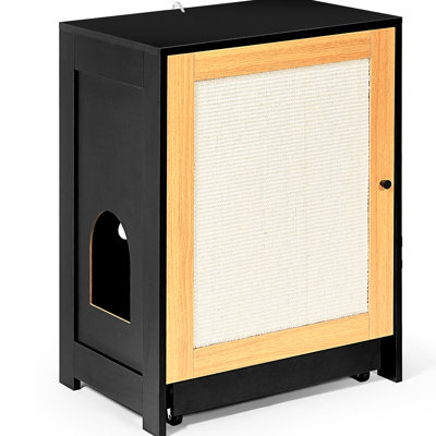 Hidden Cat Washroom, Black Litter Cabinet With Door And Scratching Feature - Draw Design Wheels For Box Pull Out, Storage Cans Supplies