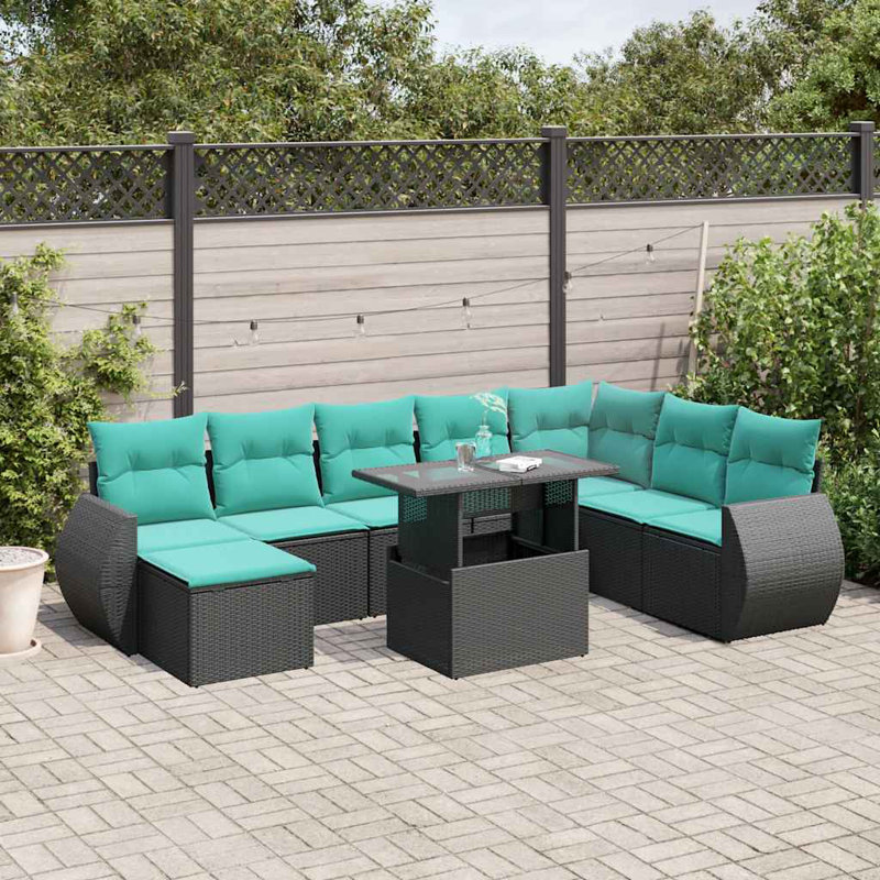 Ensemble de canapé de patio 9 pièces avec coussins en rotin de polyester, Bleu clair, Noir