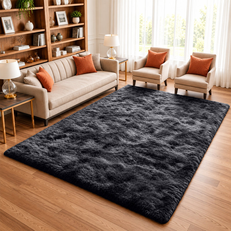 Machine Tufted High Pile Shag Area Rug(Ultra Soft & Fluffy), Black, Rectangle 120 x 170 cm
