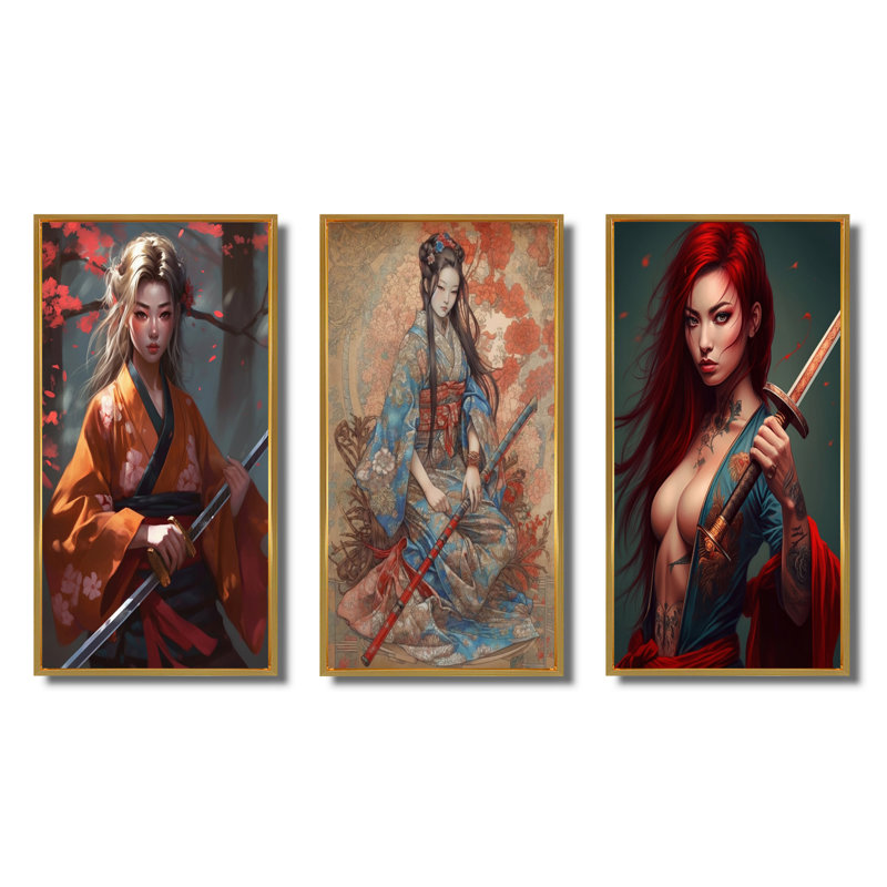 «Fierce Samurai Girl», 3 pièces sur toile, Cadre flottant doré, H 28 po x l 36 po