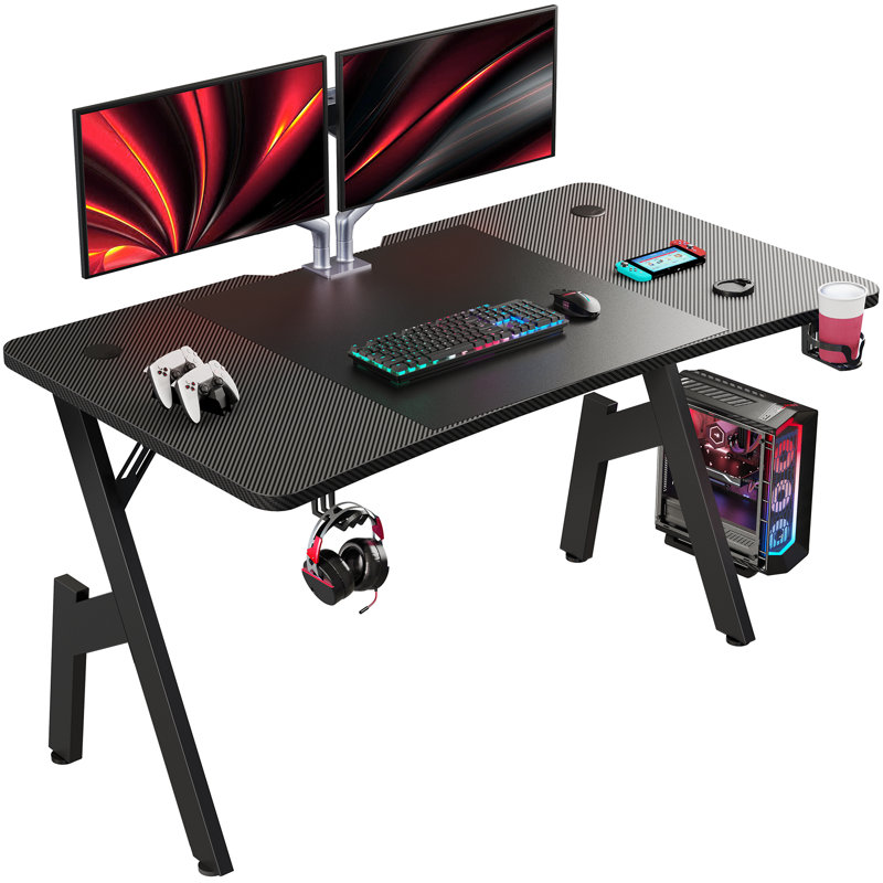  Bureau de jeu Oleita de 55 po avec surface en fibre de carbone, grand bureau d'ordinateur, table de jeu, poste de travail ergonomique, poste de travail, bureau à domicile, porte-gobelet et crochet pour casque d'écoute