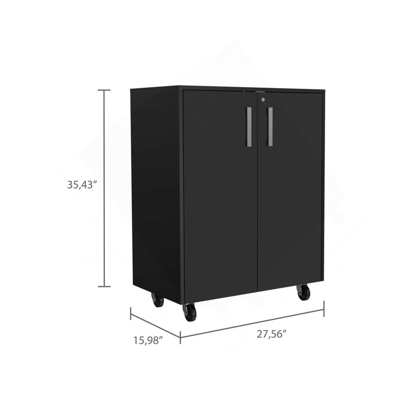 Armoire inférieure à double porte 27,5 po avec roulettes, deux tablettes intérieures et serrure - noir