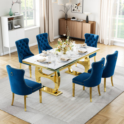 69" Faux Marble Dining Set Of 7, Stainless Steel H-Frame Table & Velvet Tufted Seating With Ring Pulls