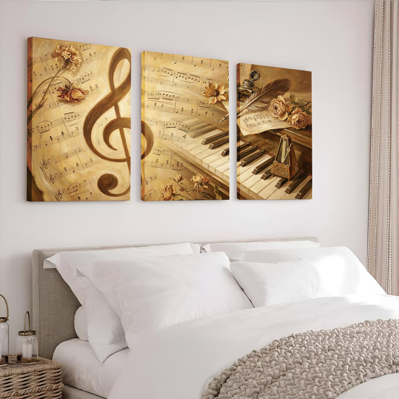 Ensemble de 3 tableaux sur toile tendue représentant des notes de musique, un piano et des fleurs, 2030