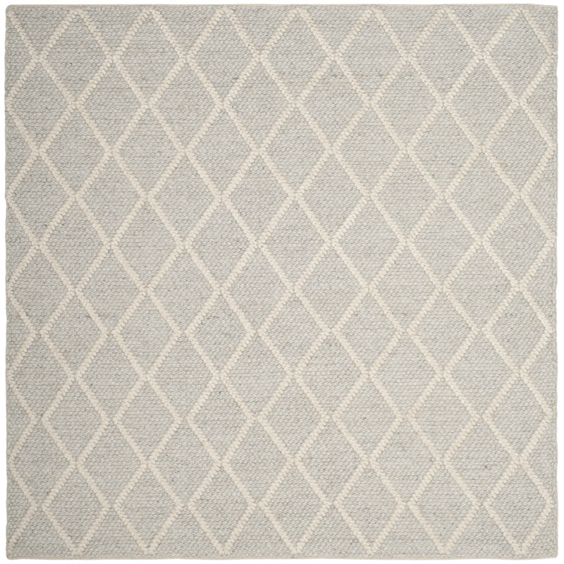 Tapis argent / ivoire en laine / viscose tissé à la main à motif géométrique Russo, Carré 6 pi