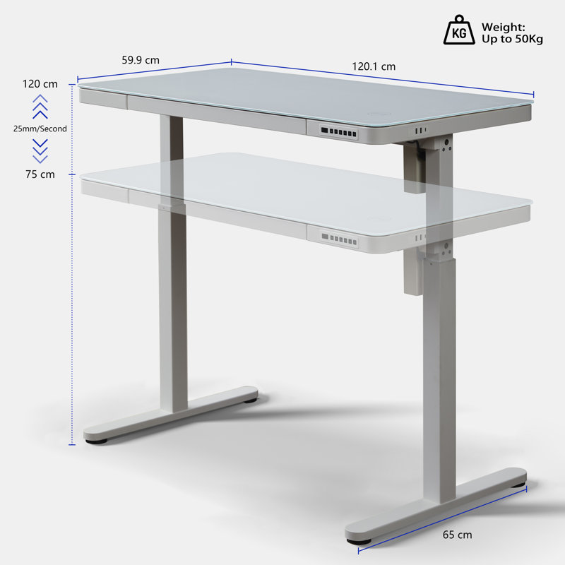 Almena Glass Top Standing Desk with Drawers & Wireless Charging, White