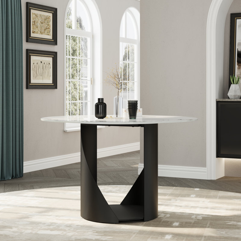 48 Inch White Sintered Stone Dining Table With Black Finish Metal Base