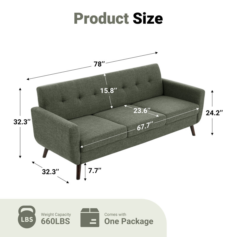 Delanie Cattaleya 78" Mid Century Modern Square Arms Linen Upholstered Sofa, Green