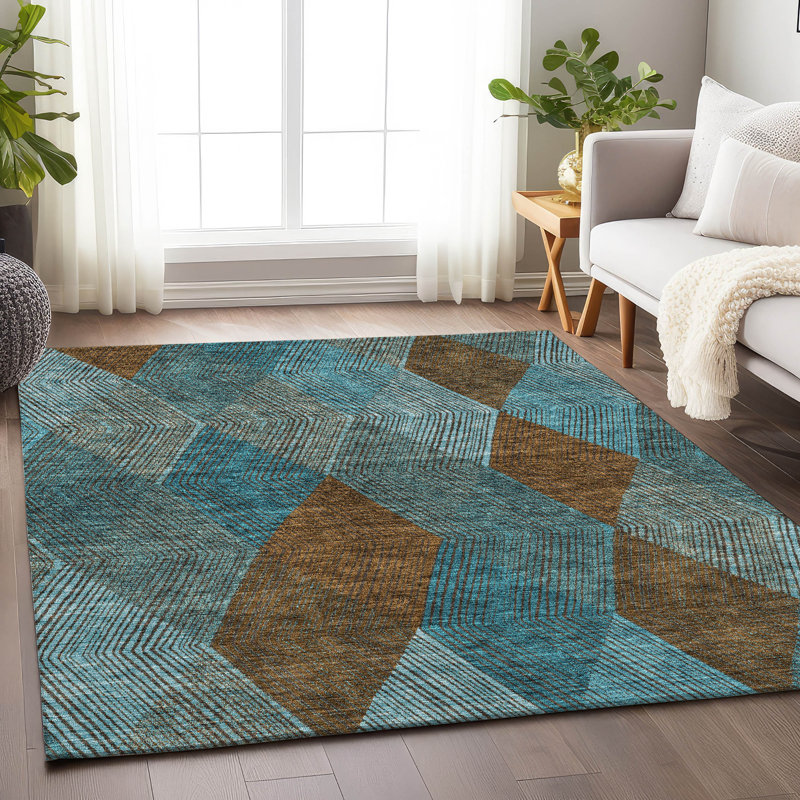 Premium Machine Washable Prisco Teal Rug, Rectangle 5' x 7'6"