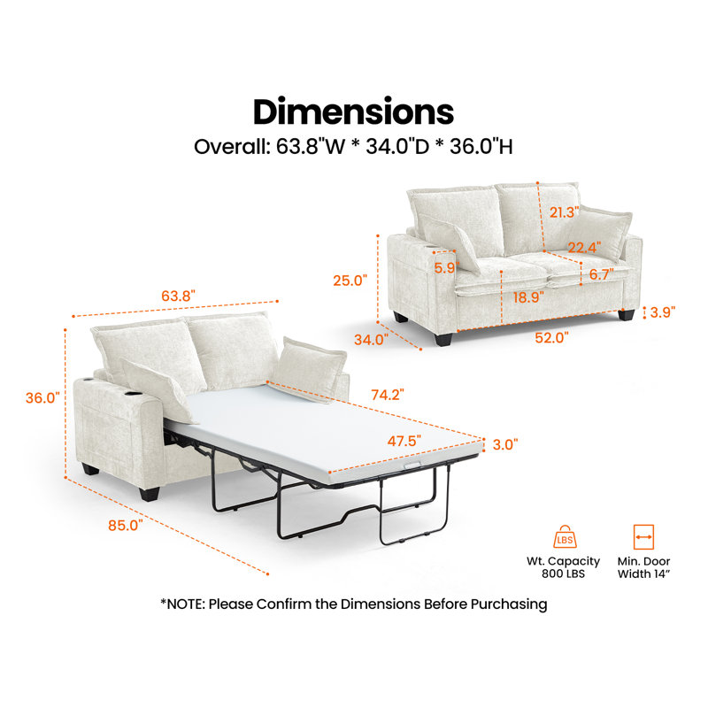 2-in-1 Pull-out Full Side Rv Sleeper Sofa Bed Convertible Chenille Sofa With 20w Fast Charging Led Light Memory Foam Couch Layered Cushion Trim