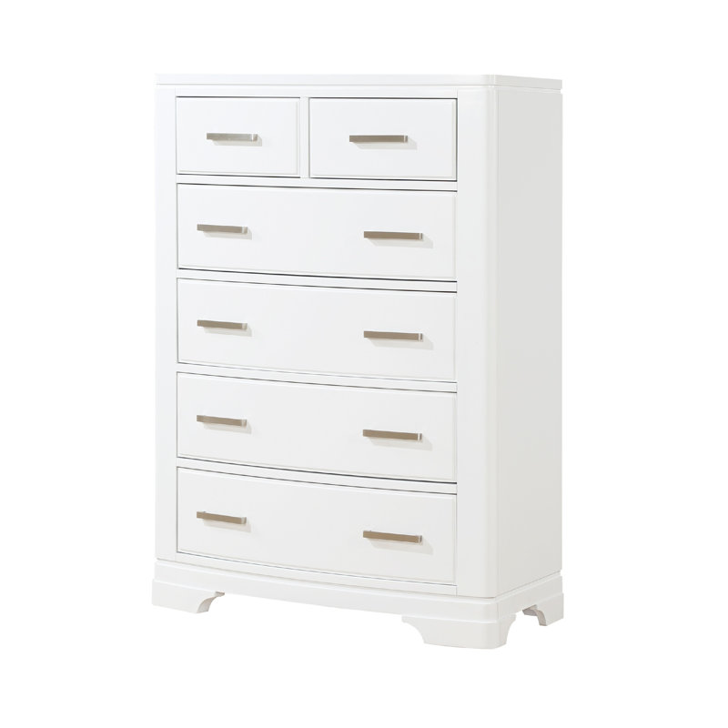 Commode haute Hudy, 6 tiroirs X poignées en métal, placage de bouleau, Blanc