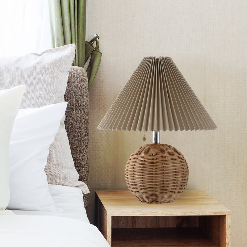 Natural Rattan Table Lamp with Dark Beige Linen Shade