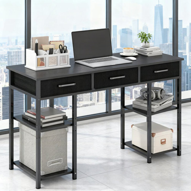 Petit bureau d'écriture avec tiroirs en tissu, Noir