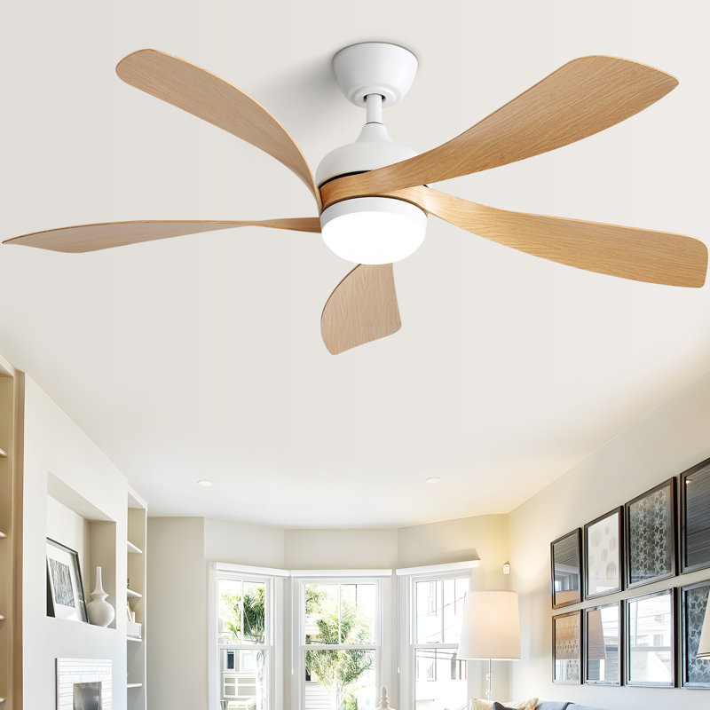 52 Inch Modern LED Ceiling Fan with Dimmable Light and Remote Control, White, Oak Wood