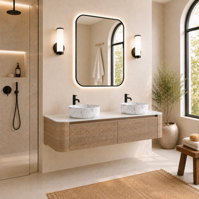 Meuble-lavabo flottant 72 po avec lavabo vasque, barre à serviettes intégrée et armoire sculptée cannelée de 72 po