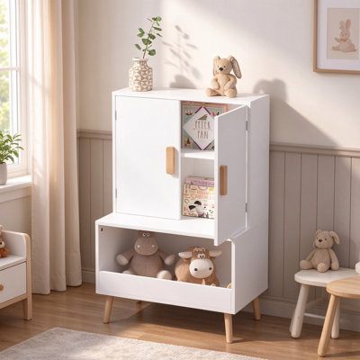 Kids Storage Cabinet with Double Doors and Open Cubby, Wooden Toy Organizer with Solid Wood Legs, Freestanding Children Storage Cupboard for Nursery, Playroom, Kids Bedroom