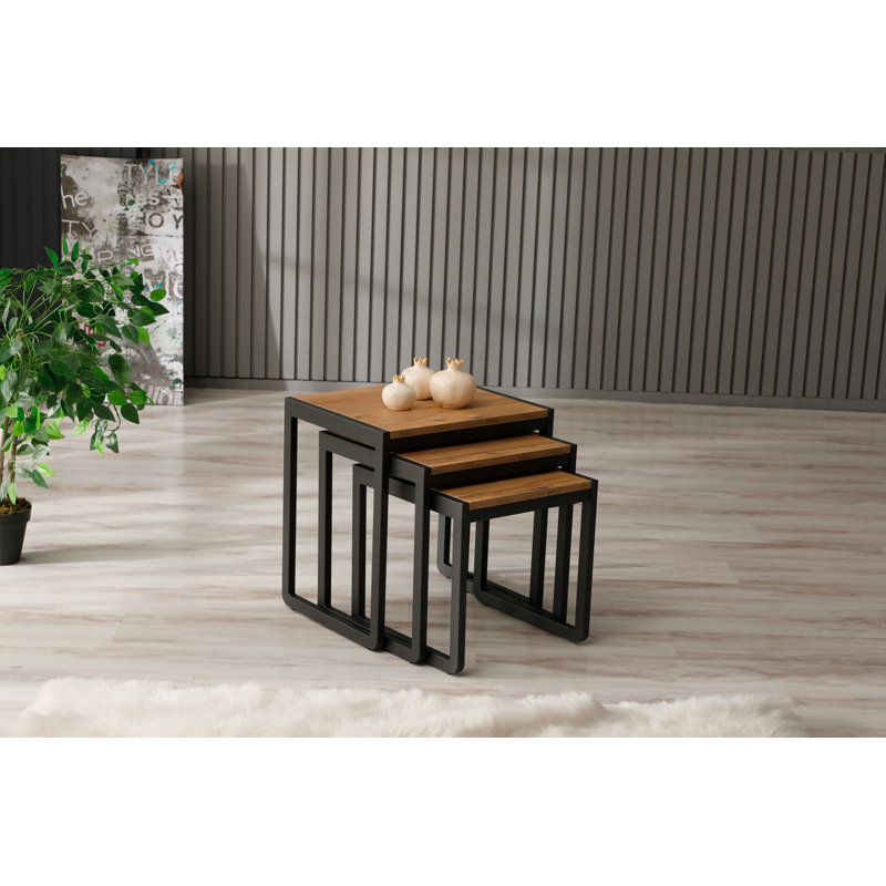 Ensemble de 3 tables gigognes, tables d'appoint empilables en métal aspect bois pour le salon, Anthrasic