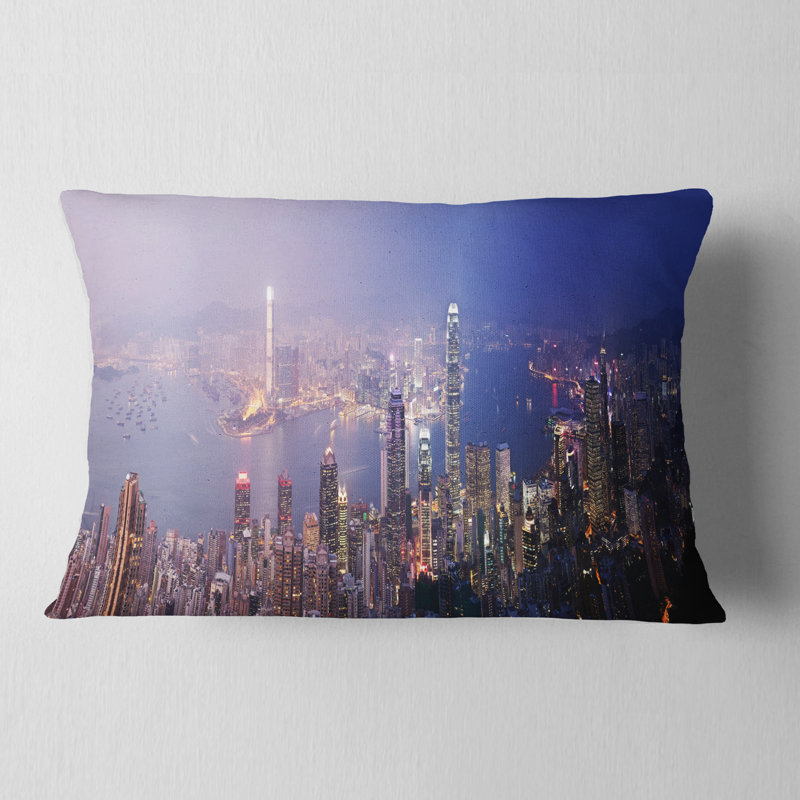 Coussin décoratif hongkongais du jour à la nuit - imprimé paysage urbain, 12 po x 20 po, Rectangulaire