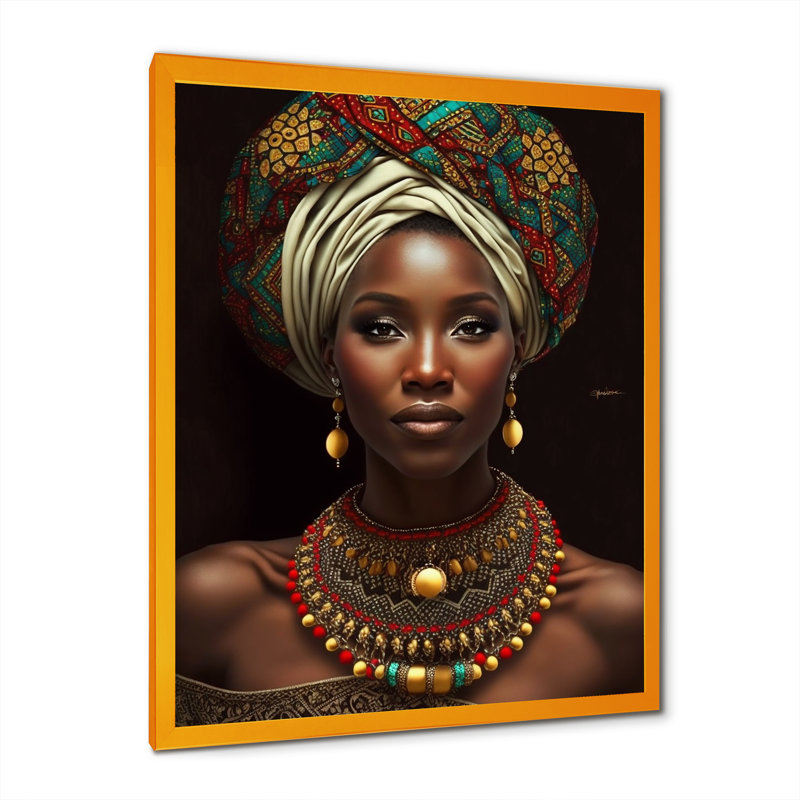 «Elliyah African Queen» avec un collier traditionnel sur toile, H 32 po x l 24 po x P 1 po, Encadrement doré