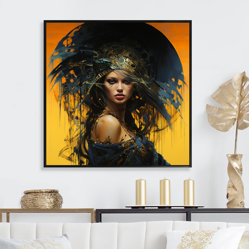 Or et noir Warrior Queen IV - art mural moderne, Cadre flottant noir, H 30 po x l 30 po x P 1,5 po