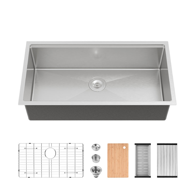 36" Undermount Single Bowl Stainless Steel Kitchen Workstation Sink, Brushed Nickel