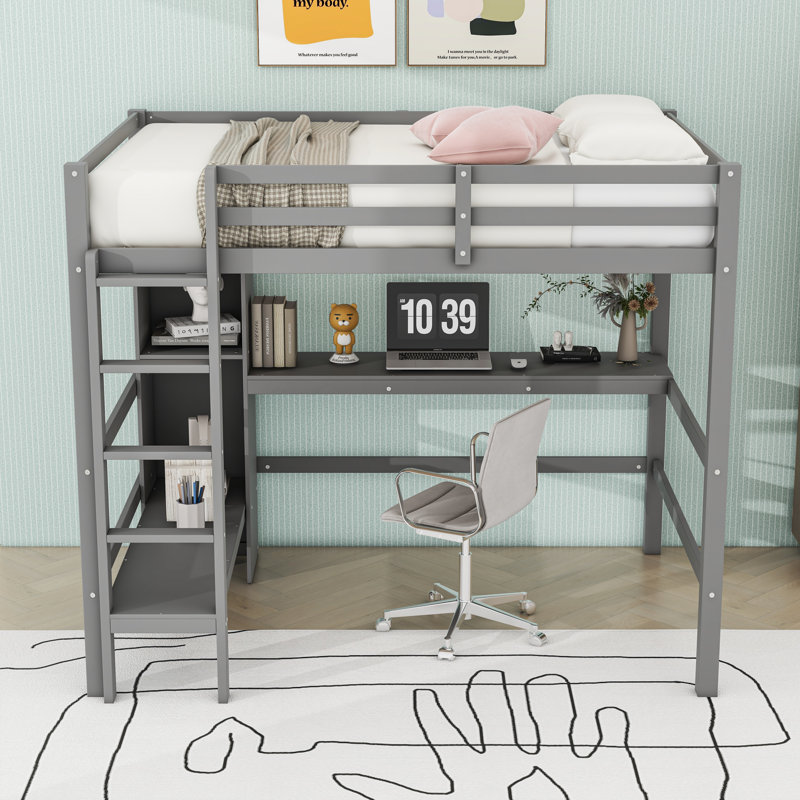 Lit mezzanine double avec tablettes et bureau, gris