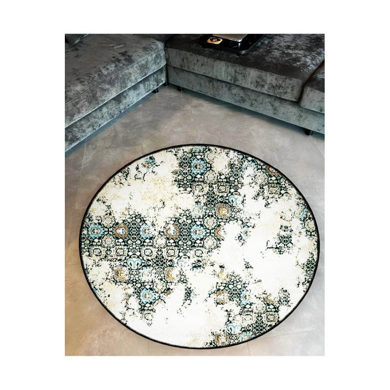 Beige Themed Abstract Traditional Motif Patterned Round Woven Base Vintage Decorative Carpet, Round 2'8"