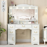 Wood Farmhouse Makeup Vanity Desk With Lightes and Mirror, Wide Vintage Dressing Desk With 5 Drawers, Large Modern Rustic Vanity Table with Charging Station, for Gift