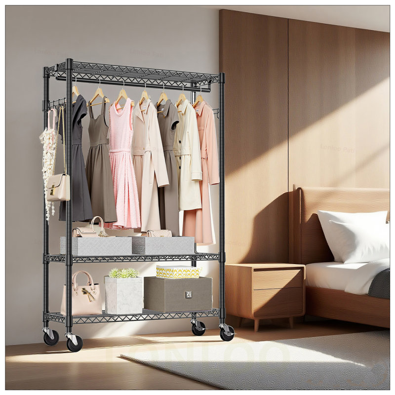 Heavy Duty Adjustable 3-Tier Wire Shelving Garment Rack with Hanging Rod, Side Hooks, and Wheels for Versatile Storage, Black