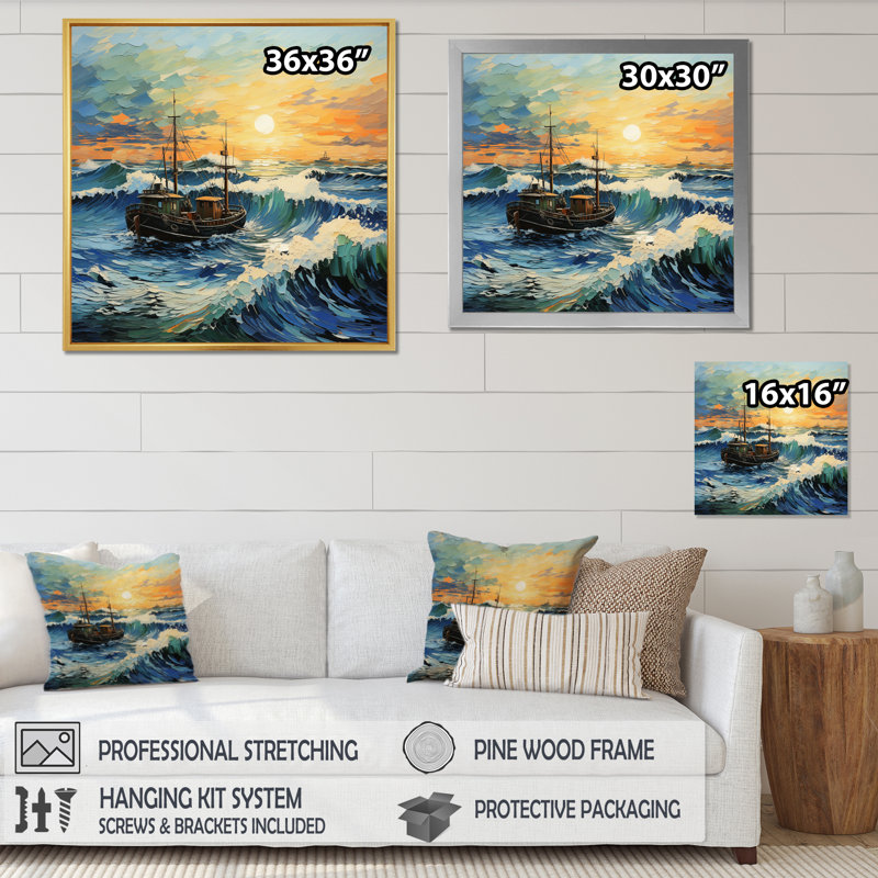 Vangogh paysage marin avec pêche en V, H 36 po x l 36 po x P 1,5 po, Cadre flottant blanc