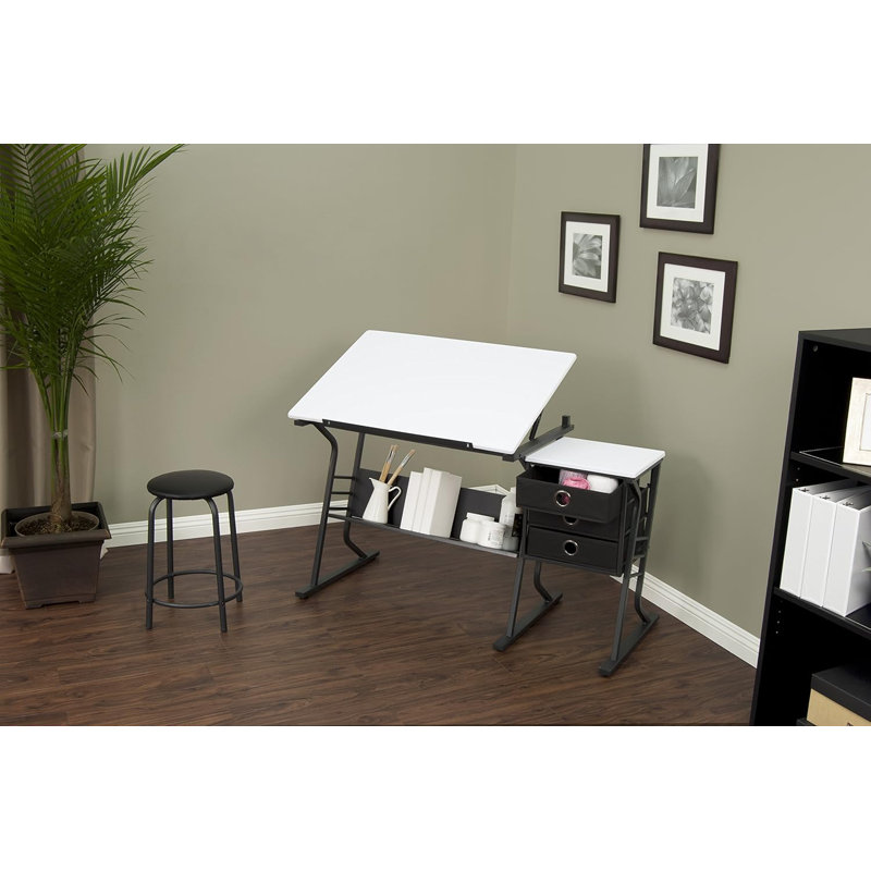 Studio Designs Eclipse Adjustable Drafting Table With Slide-Up Pencil Ledge, Under Desk Storage Shelf, And Included Padded Stool