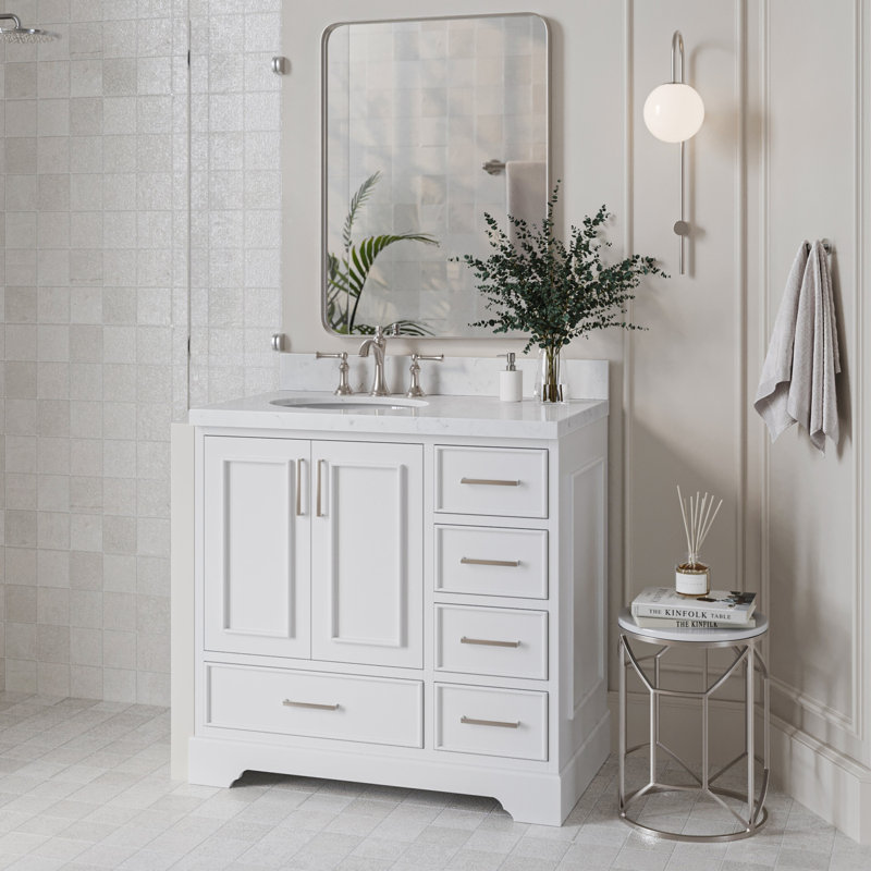 Ensemble de meuble-lavabo simple 36,25 po avec plateau en quartz Abshire, Blanc