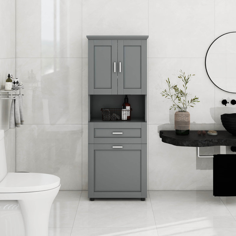 Tall Bathroom Cabinet With Laundry Basket, Adjustable Shelves, Gray