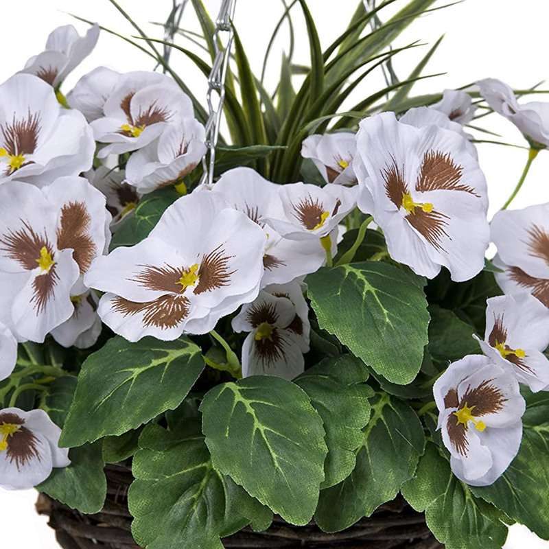 GreenBrokers 2 x Artificial Purple & White Pansy Rattan Hanging Baskets (52cm/20in), White
