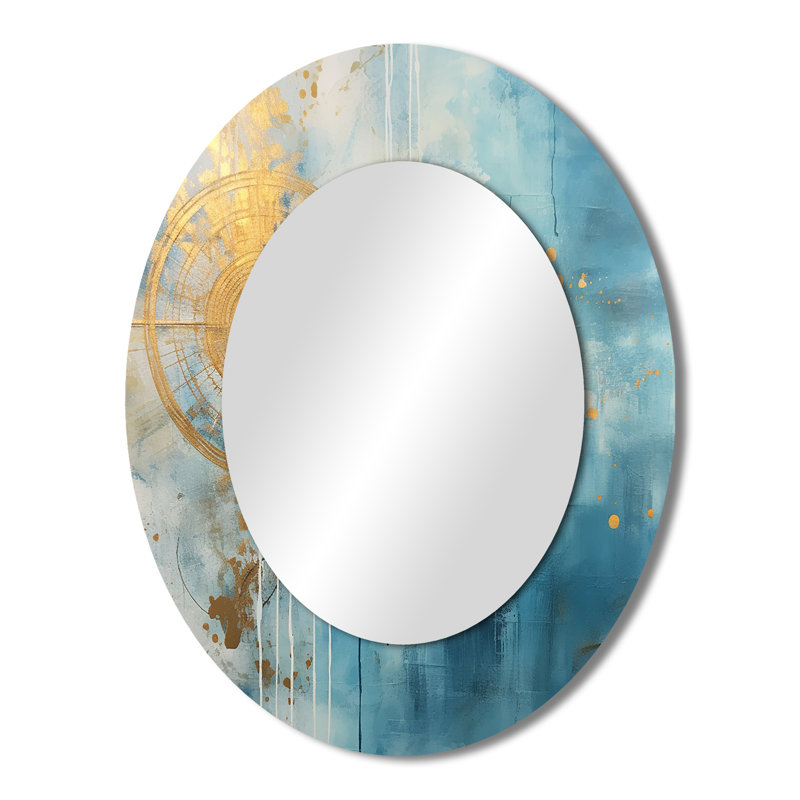 Teal Circular Sensitivity Gold Watercolor I - Modern Oval Wall Mirror, 43" x 33"
