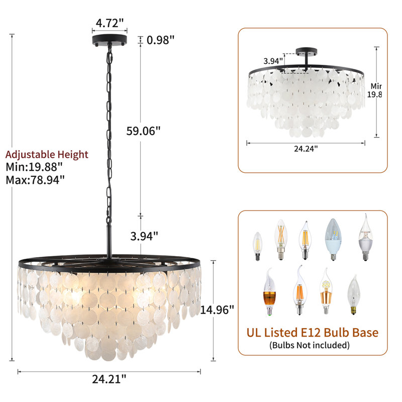 Lustre moderne à niveaux variable en forme de coquillage noir à 6 lumières Capiz, Noir, H 14,96 po x l 24,21 po x P 24,21 po