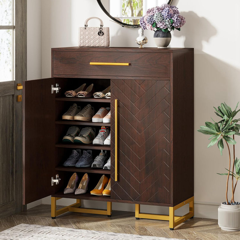 Armoire à chaussures 31,5 pouces en bois noyer et or avec portes