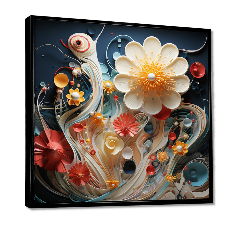 Blooming White Abstract Flower - Art mural floral moderne, H 30 po x l 30 po x P 1 po, Toile avec cadre flottant noir