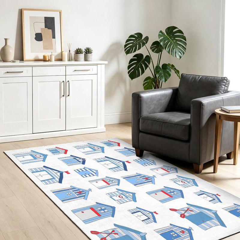 Blue Drawn Red Beach Seaside British Cute Sea White Wooden Architecture Machine Washable Indoor Area Rug, Rectangle 39" x 63"
