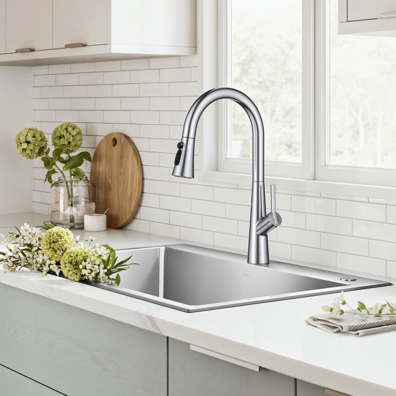 KRAUS Odelia 4-Function Single Handle Pull Down Kitchen Faucet with CleanSweep Blade Spray in Chrome, Polished Chrome
