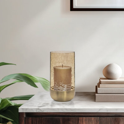 8" Detachable Glass Hurricane & Gold Ceramic Candle Holder for Pillar Candles