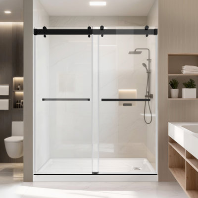 60"W x 76"H Sliding Shower Door, 3/8”(10mm) Tempered Glass, Stainless Steel Track, Smooth Glide with Buffer, Adjustable 4” Range, Left/Right Installation