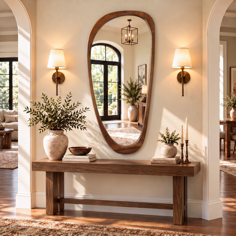 Asymmetrical Wood Framed Accent Wall Mirror, 48" x 22", Brown