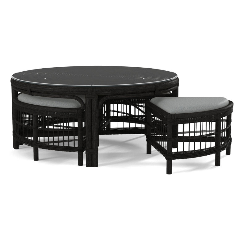 Raffles Rattan Cocktail Table with Benches, Black, White Sugar Performance; 0863-91
